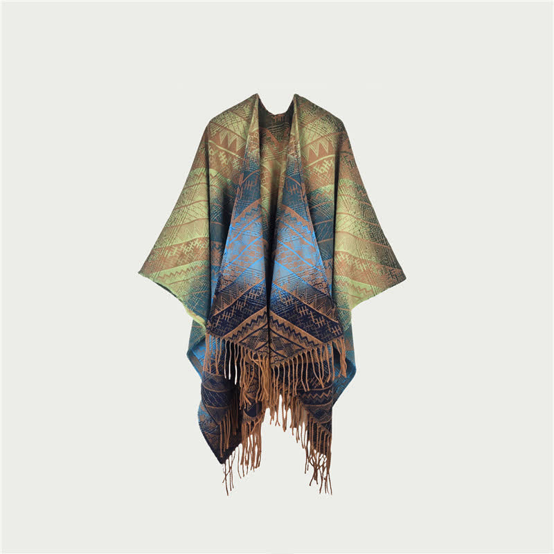 Écharpe/couverture vintage à dégradé de couleurs et franges géométriques - marin - 150 cm x 120 cm - image 2