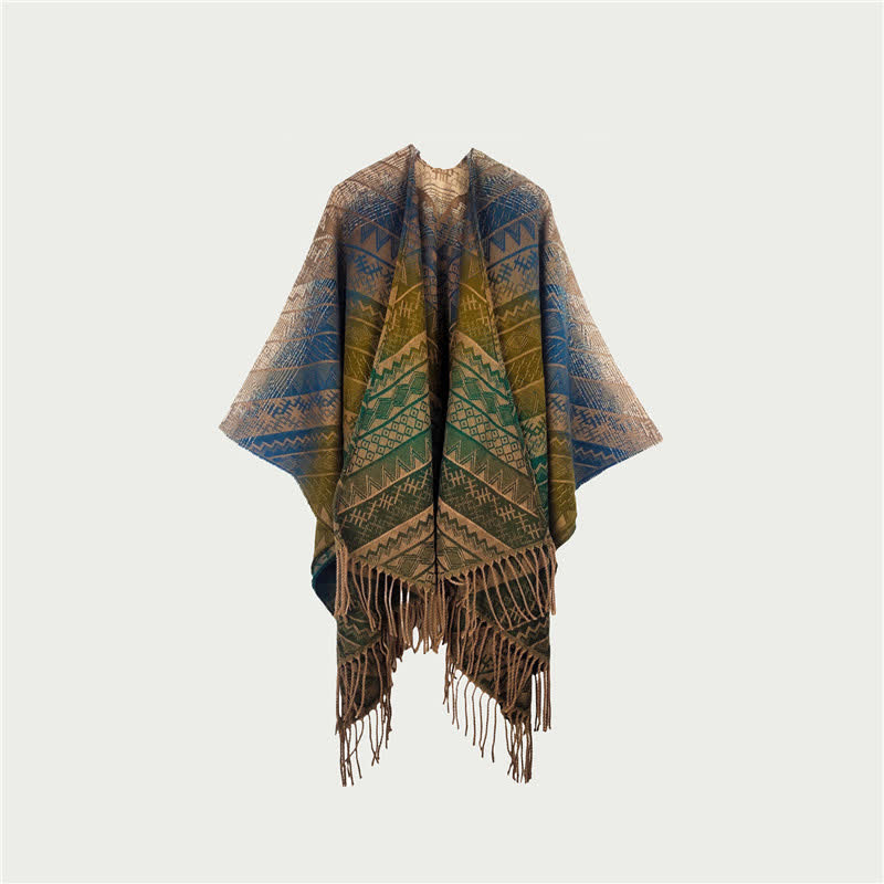 Écharpe/couverture vintage à dégradé de couleurs et franges géométriques - Vert - 150 cm x 120 cm - image 3