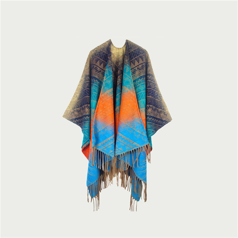 Écharpe/couverture vintage à dégradé de couleurs et franges géométriques - Bleu - 150 cm x 120 cm - image 4