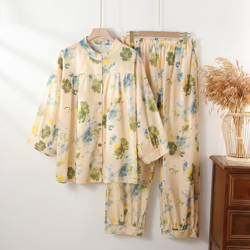 Ensemble de vêtements d'intérieur en coton à motif d'encre orientale - Beige - XL - image 0