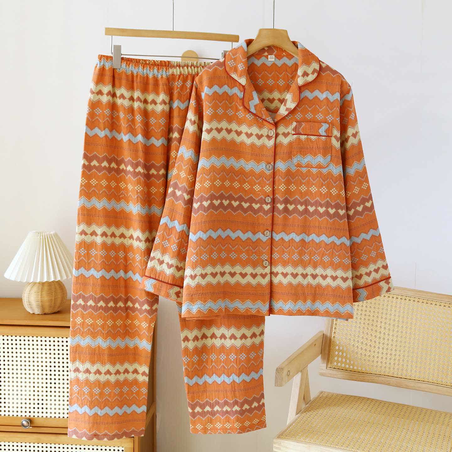 Ensemble de vêtements d'intérieur vintage en coton à vagues pour couples - Femmes : Orange - XXL - image 2
