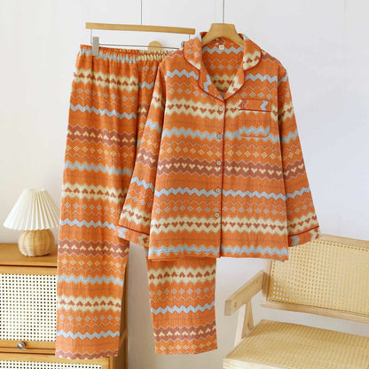 Ensemble de vêtements d'intérieur vintage en coton à vagues pour couples - Femmes : Orange - XXL - image 2
