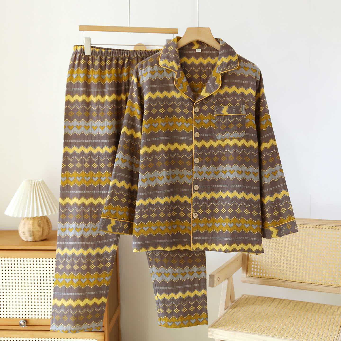 Ensemble de vêtements d'intérieur vintage en coton à vagues pour couples - Homme : Gris - XL - image 13