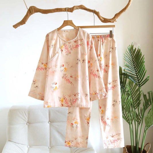 Ensemble de vêtements d'intérieur d'inspiration orientale en coton à motifs de feuilles roses - Beige - XL - image 0