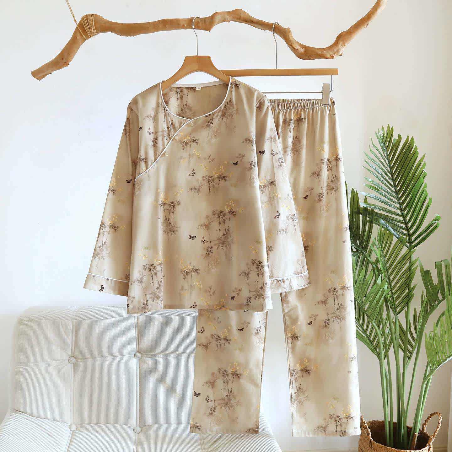 Ensemble de vêtements d'intérieur en coton avec papillon en bambou oriental - Café léger - XL - image 0