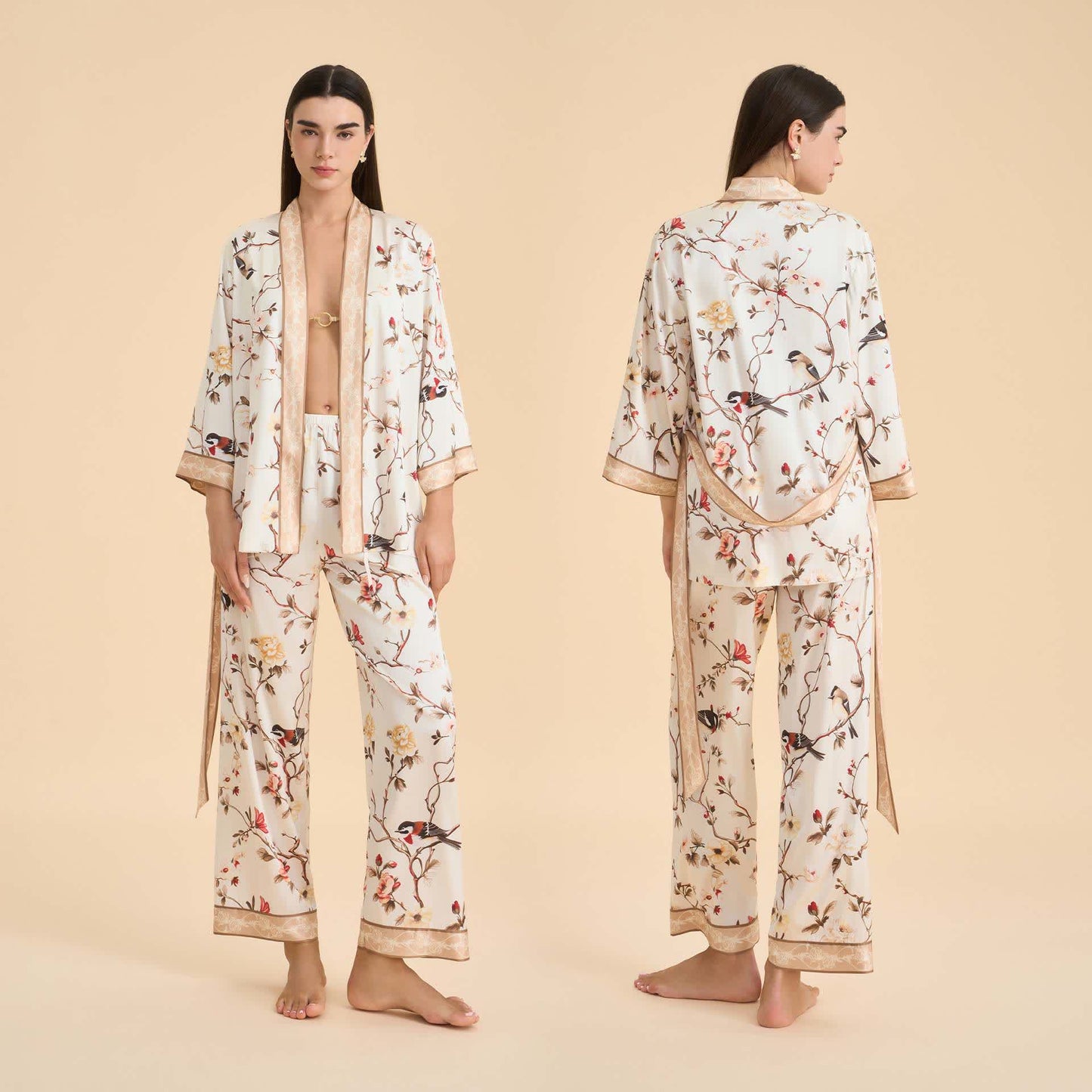 Ensemble kimono vintage pour la détente, orné de motifs floraux et d'oiseaux. - Beige - XL - image 0
