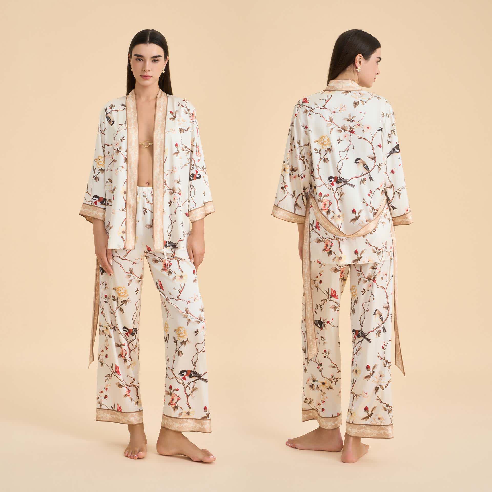 Ensemble kimono vintage pour la détente, orné de motifs floraux et d'oiseaux. - Beige - XL - image 0