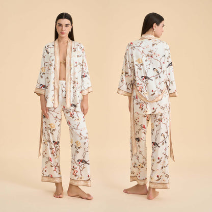 Ensemble kimono vintage pour la détente, orné de motifs floraux et d'oiseaux. - Beige - XL - image 0