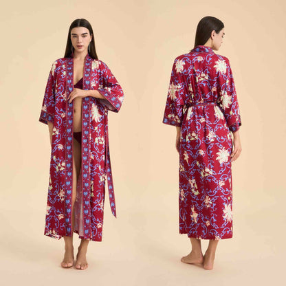Peignoir rétro style kimono à motif floral - Rouge - Taille unique - image 0