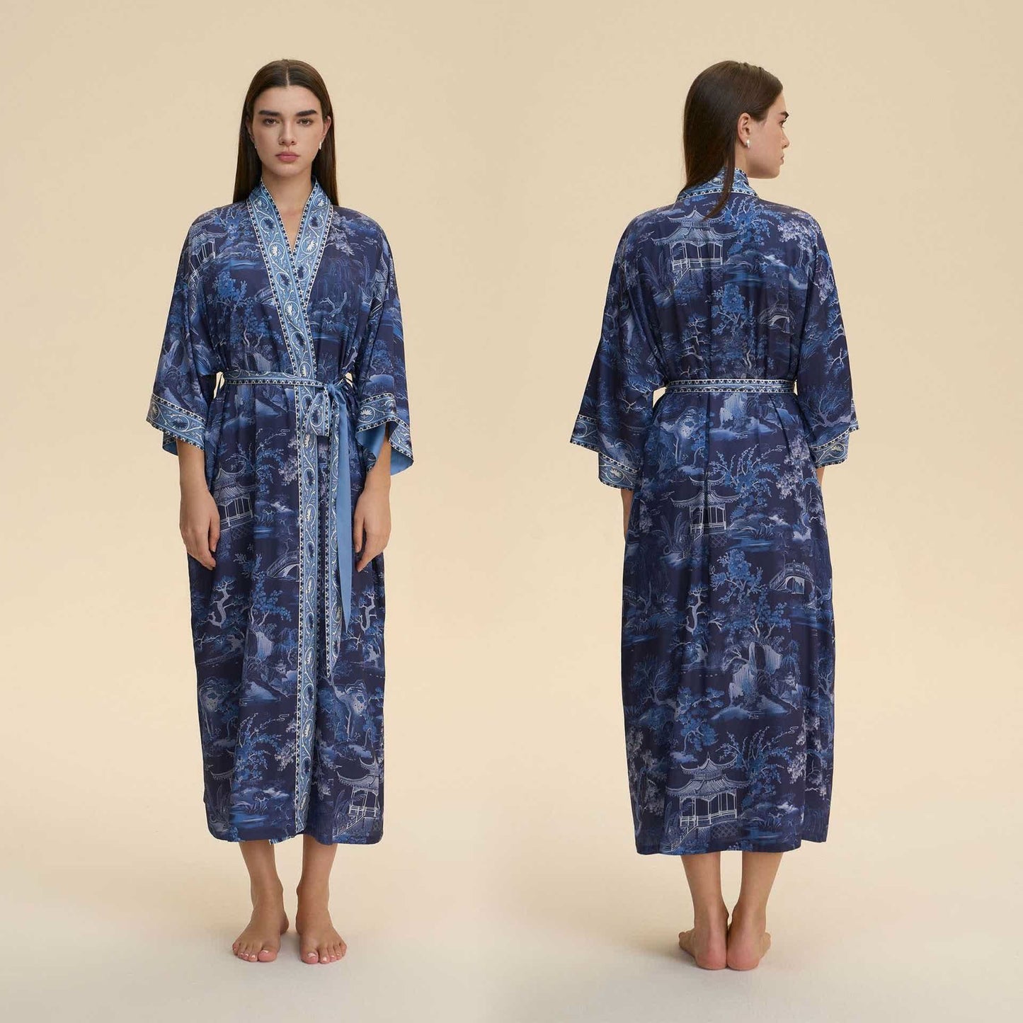 Peignoir de style kimono à motif de paysage oriental - Bleu - Taille unique - image 0