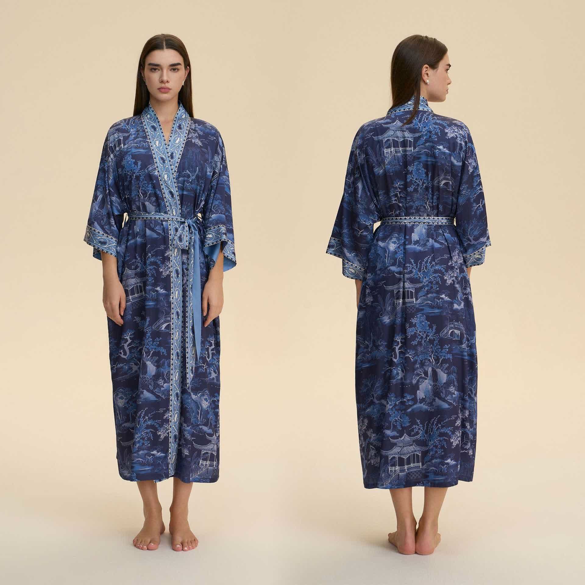 Peignoir de style kimono à motif de paysage oriental - Bleu - Taille unique - image 0