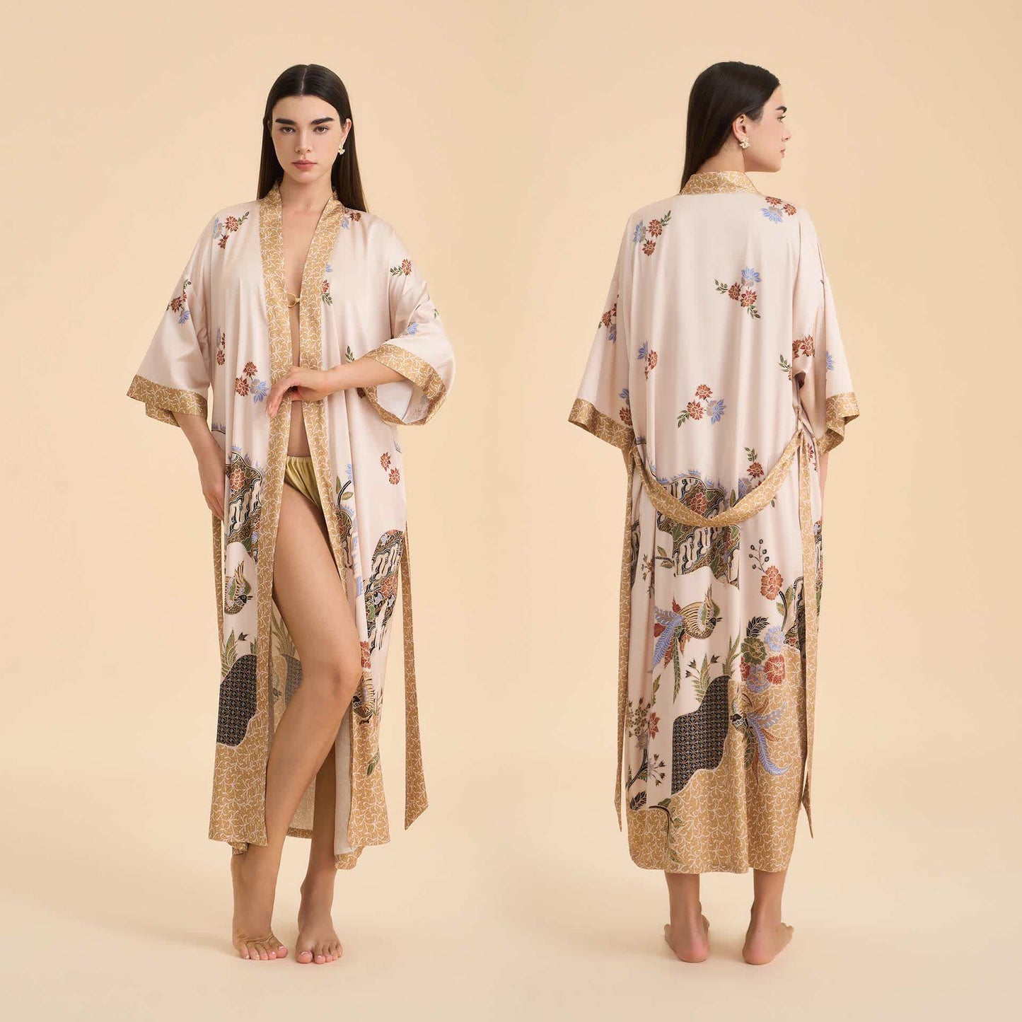 Peignoir style kimono à motif floral oriental et motif d'oiseau - Beige - Taille unique - image 0