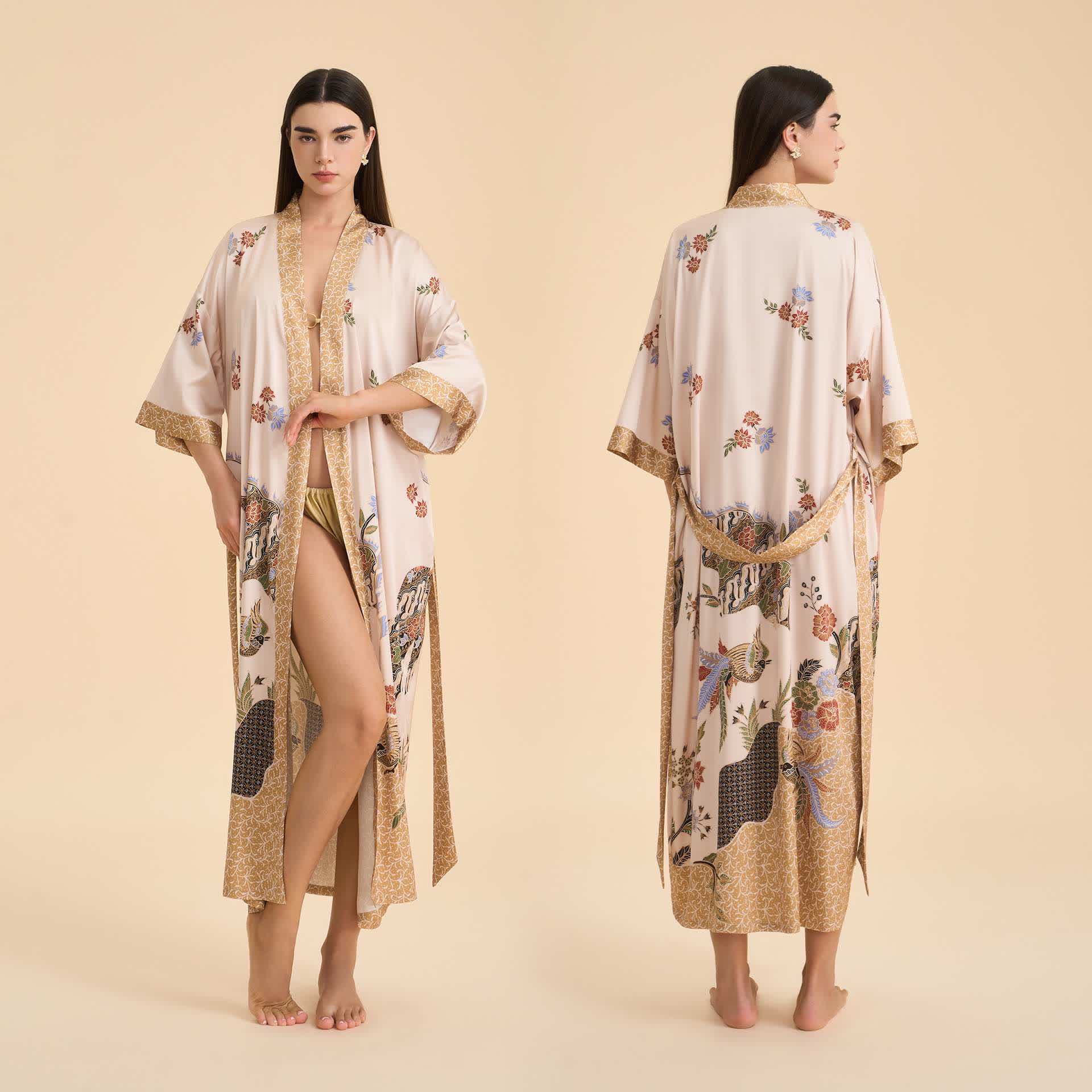 Peignoir style kimono à motif floral oriental et motif d'oiseau - Beige - Taille unique - image 0