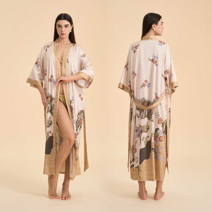 Peignoir style kimono à motif floral oriental et motif d'oiseau - Beige - Taille unique - image 0