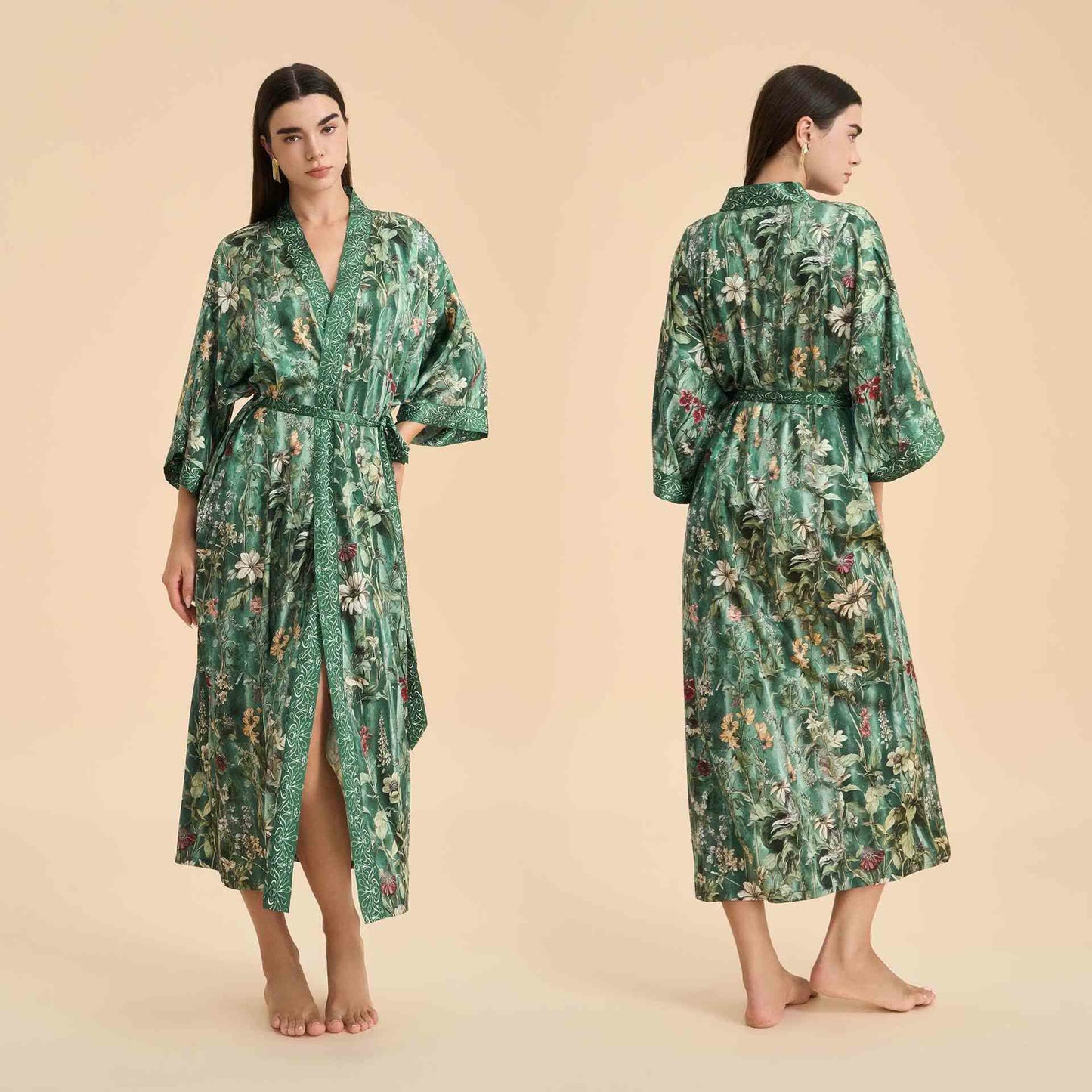 Peignoir vert style kimono à motif floral botanique - Vert - Taille unique - image 0