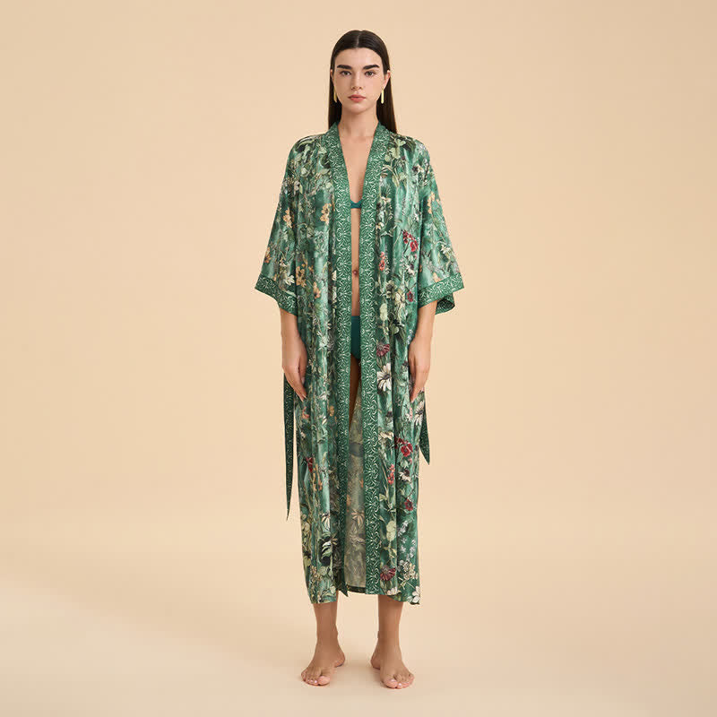 Peignoir vert style kimono à motif floral botanique - image 1