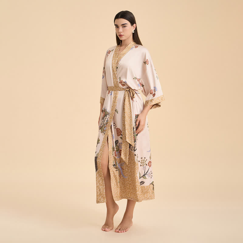 Peignoir style kimono à motif floral oriental et motif d'oiseau - image 2