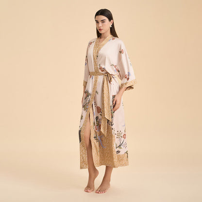 Peignoir style kimono à motif floral oriental et motif d'oiseau - image 2