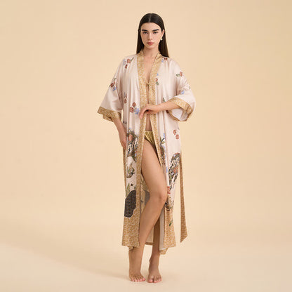 Peignoir style kimono à motif floral oriental et motif d'oiseau - image 1