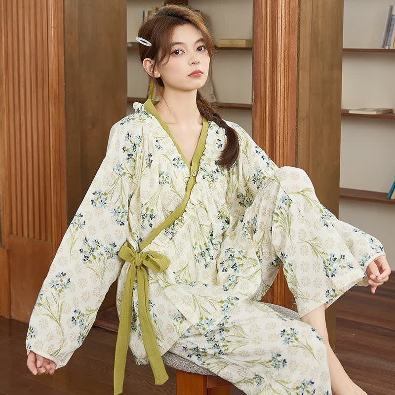 Ensemble de vêtements d'intérieur avec col à volants et motif floral frais - Vert - XXL - image 0