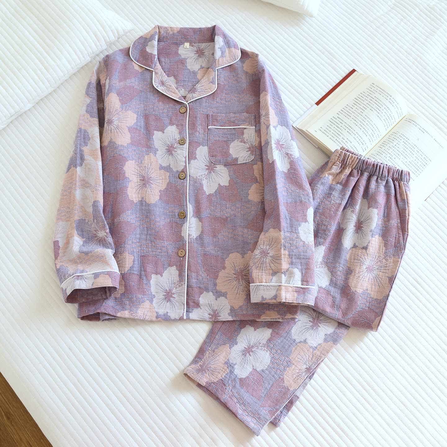 Ensemble de vêtements d'intérieur en coton à motif jacquard de fleurs de cerisier - Violet - XL - image 0