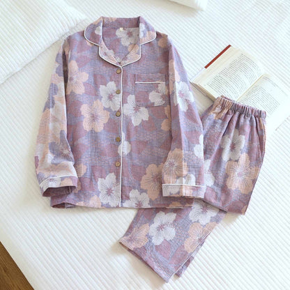 Ensemble de vêtements d'intérieur en coton à motif jacquard de fleurs de cerisier - Violet - XL - image 0