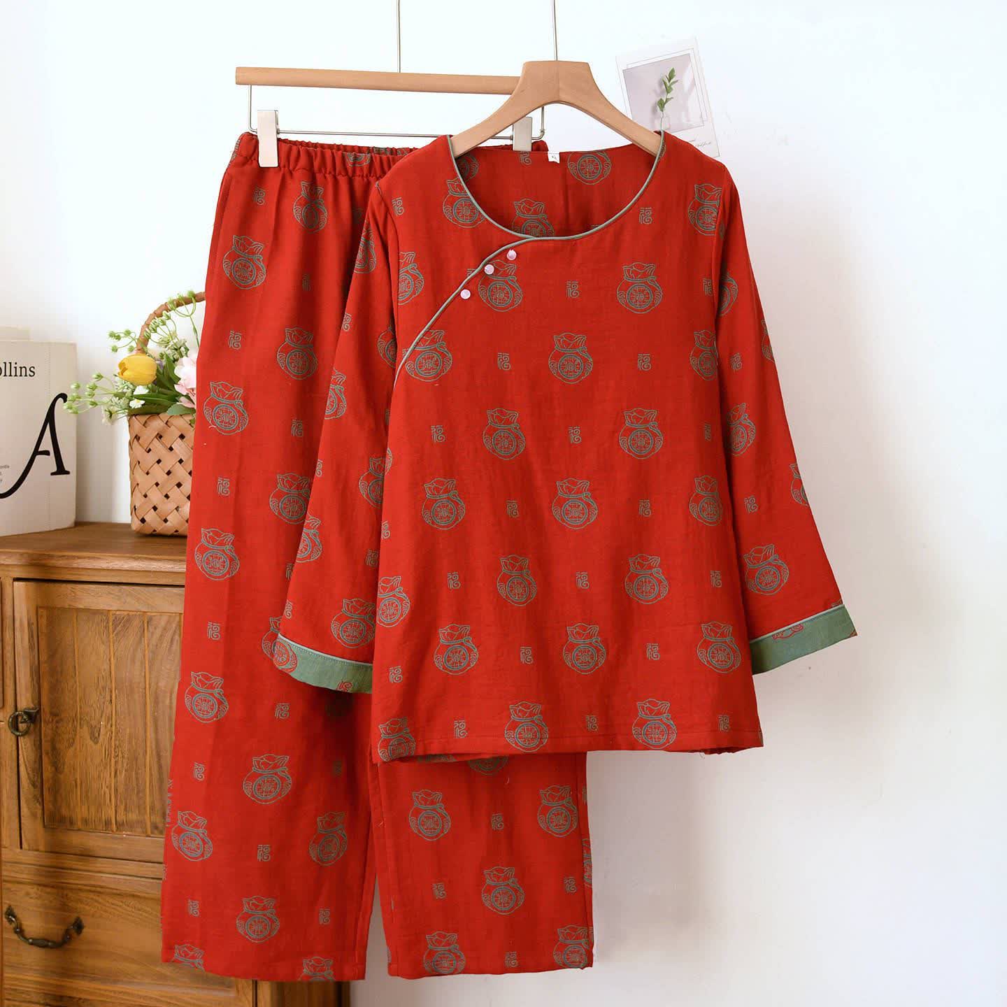 Ensemble de vêtements d'intérieur en coton avec motif de sac porte-bonheur - Rouge - XL - image 0
