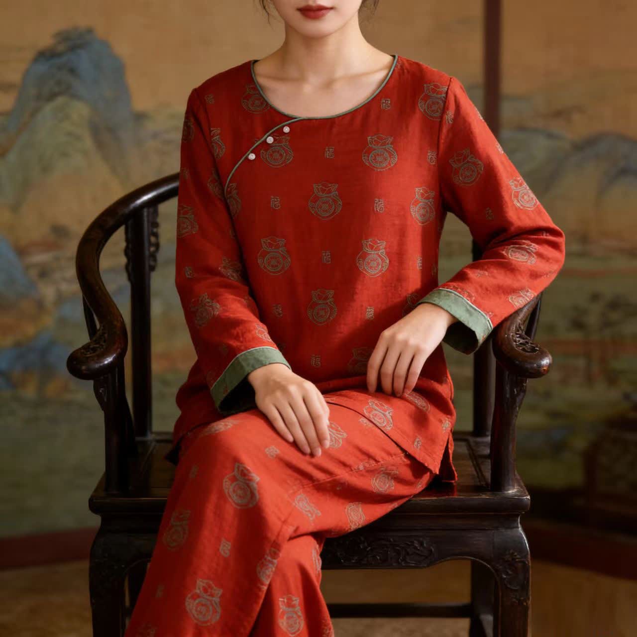 Ensemble de vêtements d'intérieur en coton avec motif de sac porte-bonheur - image 1