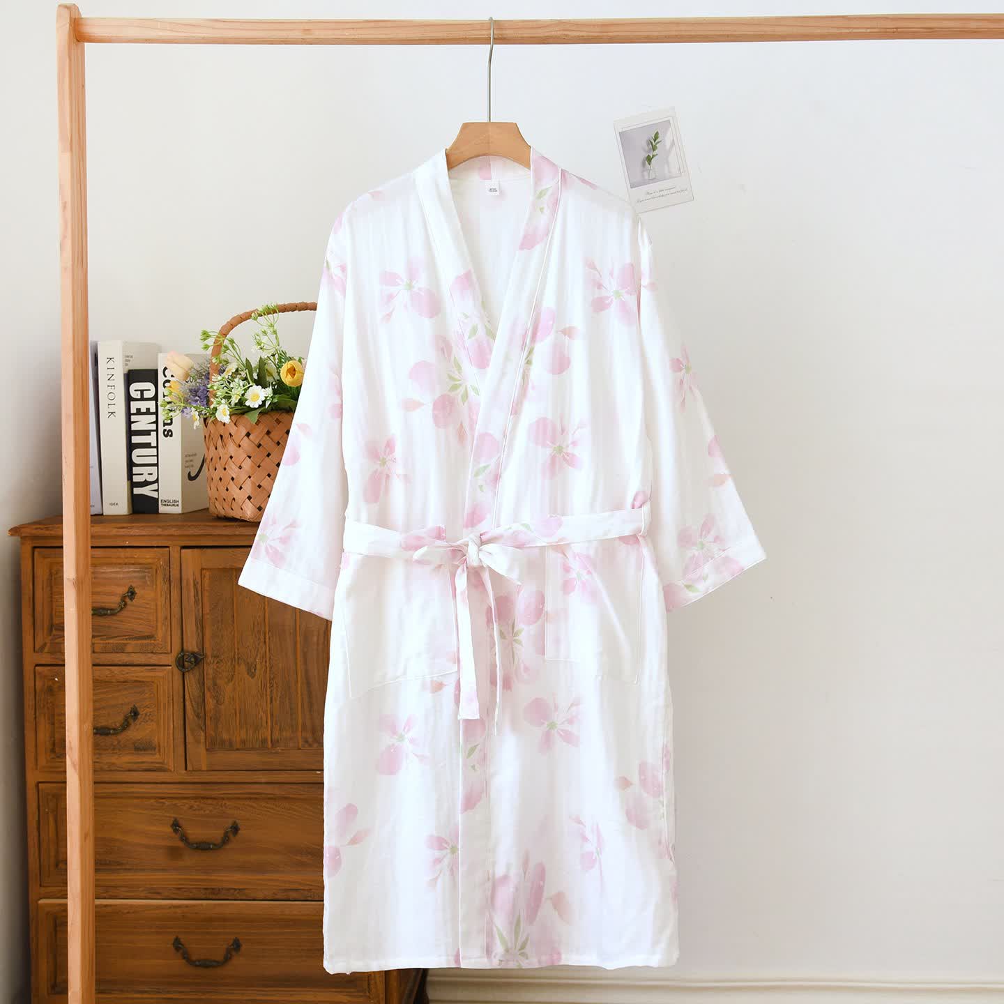 Peignoir de style kimono en gaze de coton à motif de fleurs de cerisier - Blanc - XL - image 0