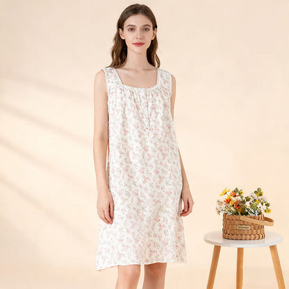 Chemise de nuit sans manches en pur coton à motif floral rose - Blanc - XL - image 0