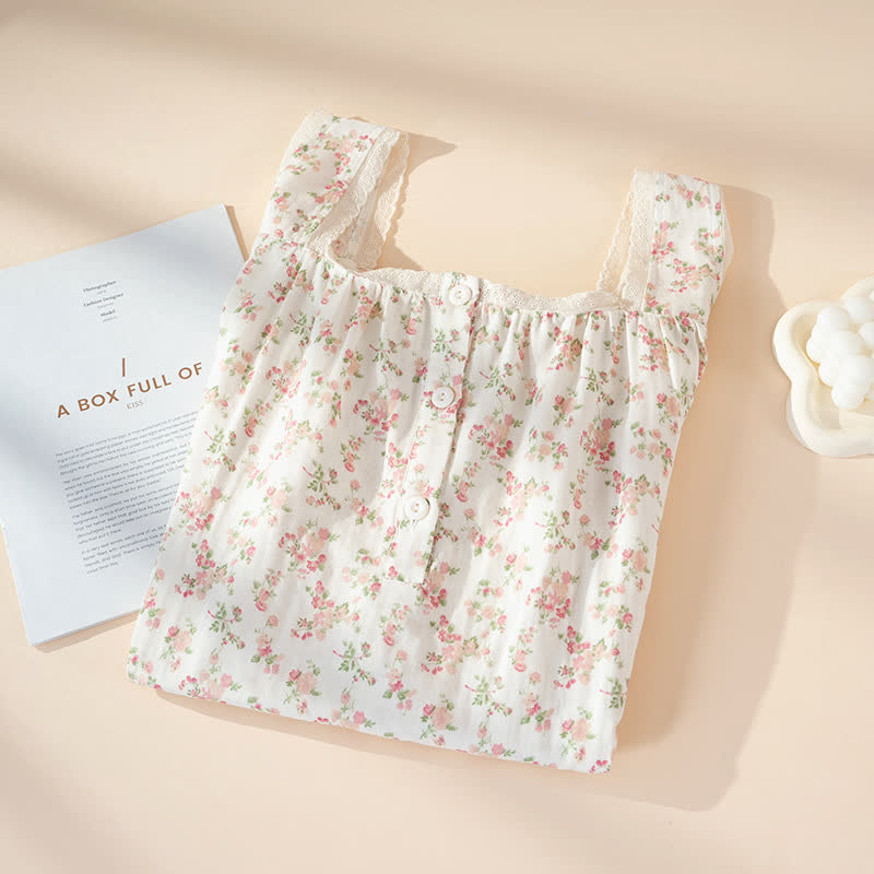 Chemise de nuit sans manches en pur coton à motif floral rose - image 1