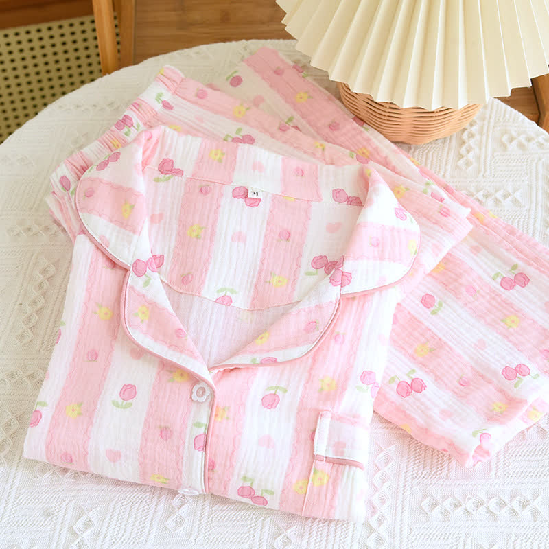 Ensemble de détente en coton rayé à motif rose - image 1