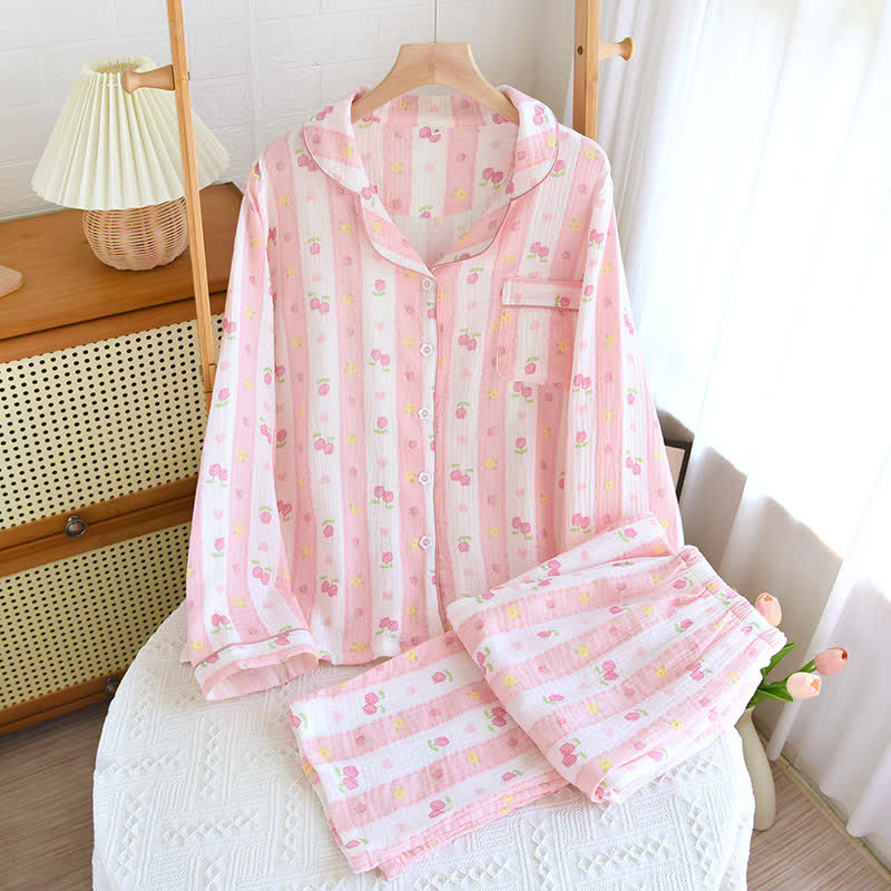 Ensemble de détente en coton rayé à motif rose - Rose - XXXL - image 0