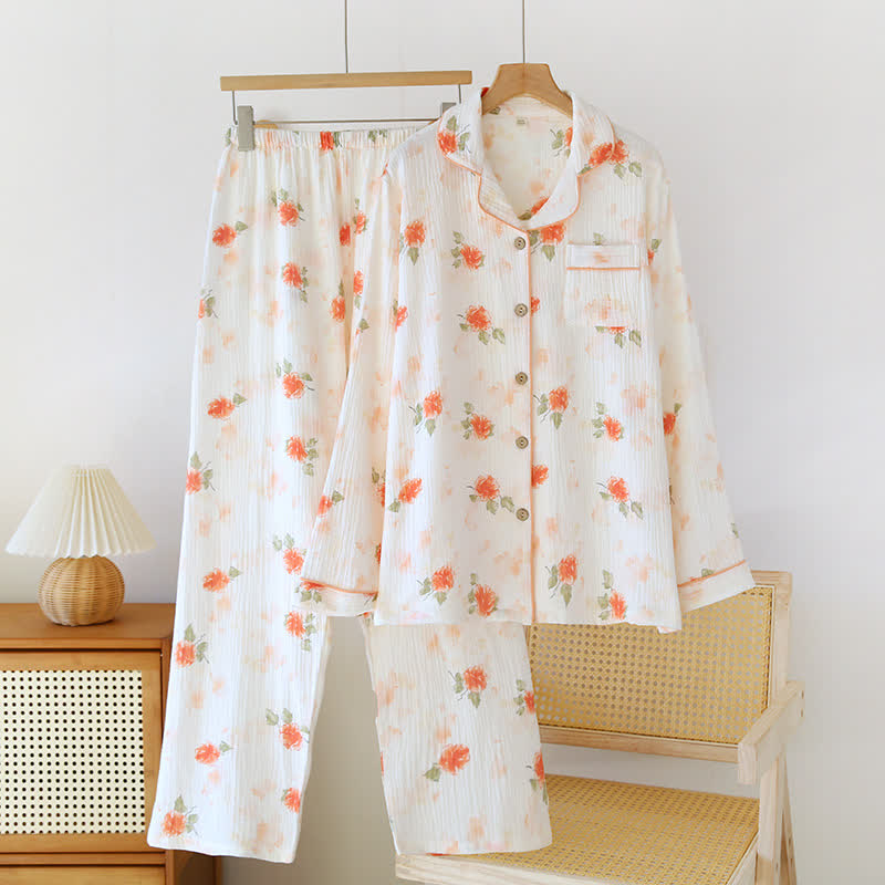 Ensemble de vêtements d'intérieur en gaze de coton orange et rose - Beige - XL - image 0