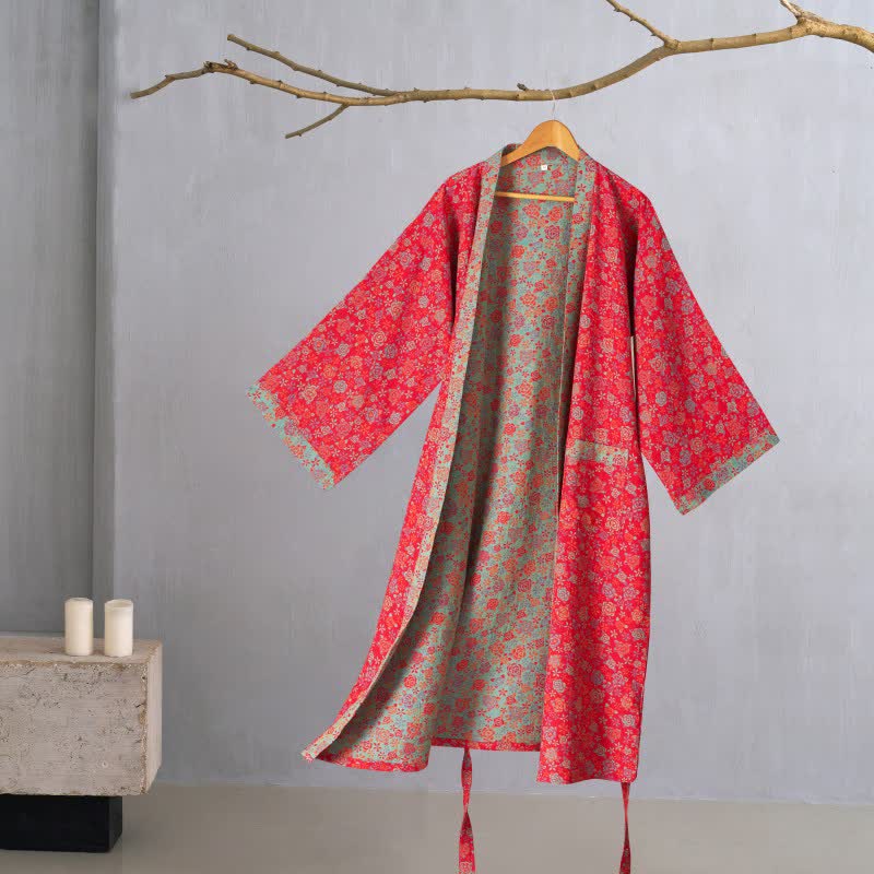 Peignoir kimono romantique en coton à motif de roses - Rouge - 2XL - image 1
