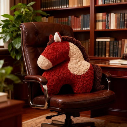Coussin festif en sherpa avec mascotte de cheval rouge - image 2