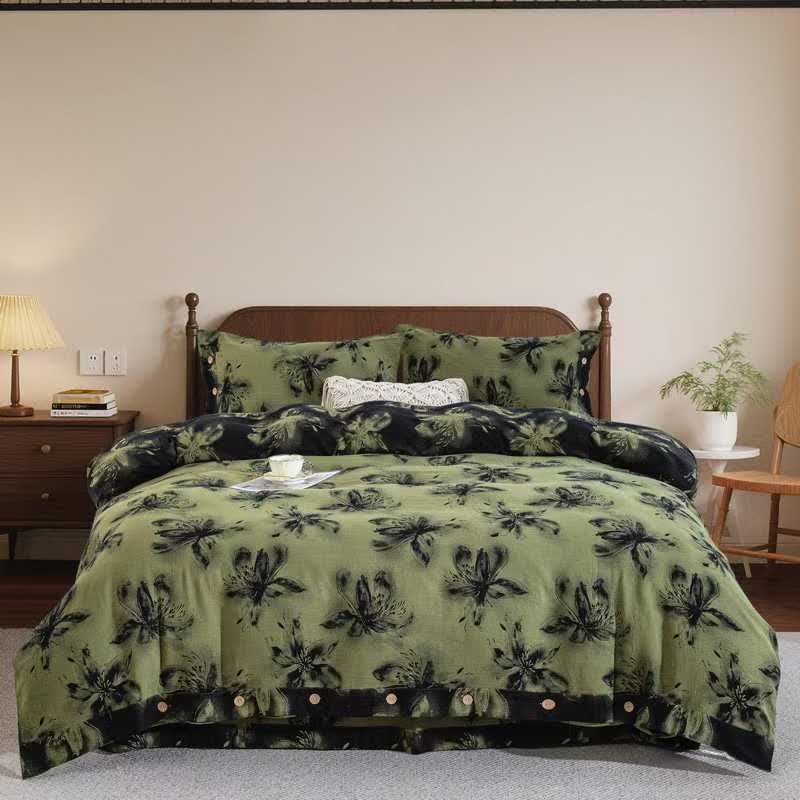 Ensemble de literie en coton de style oriental à motifs floraux (4 pièces) - Vert - roi - image 0