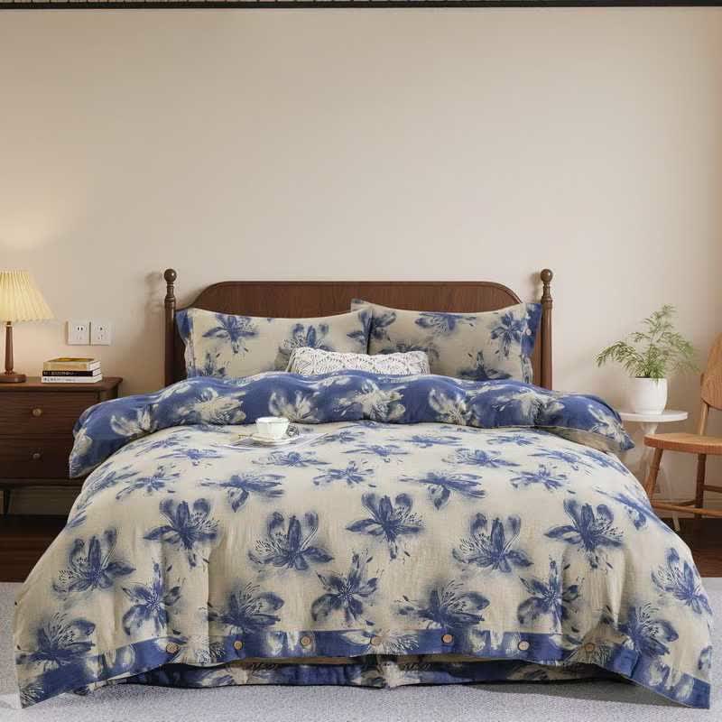 Ensemble de literie en coton de style oriental à motifs floraux (4 pièces) - Bleu - roi - image 7
