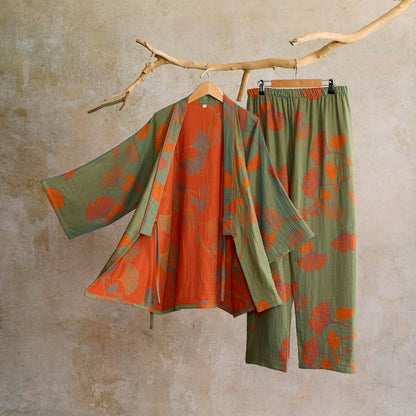Grand pyjama kimono en coton avec feuilles de ginkgo - Vert et orange - XL - image 0