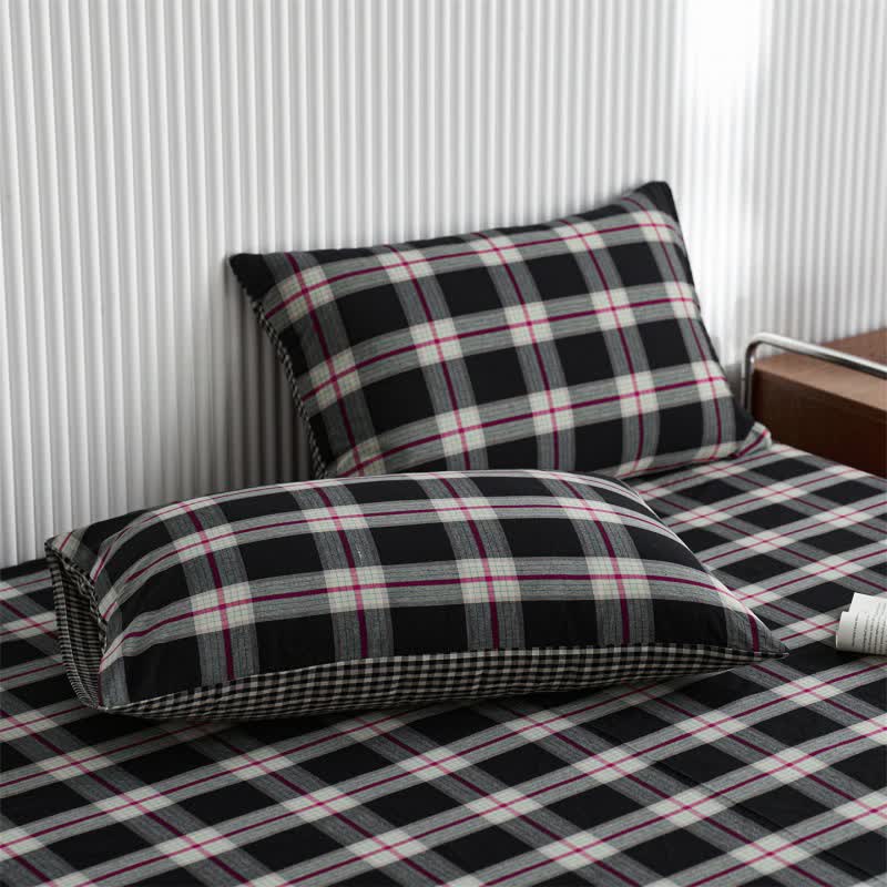 Drap de lit classique en coton à grands carreaux - Noir - 2 taies d'oreiller - 48 cm x 74 cm - image 3