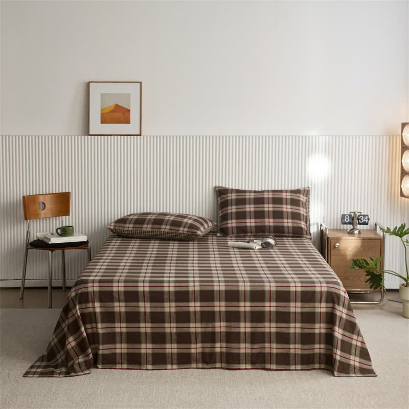 Drap de lit classique en coton à grands carreaux - Café - Couvre-lit avec 2 taies d'oreiller - 245 cm x 270 cm - image 6