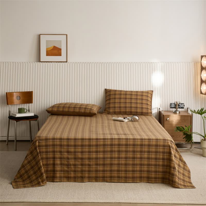 Drap-housse/couvre-lit classique vintage en coton à carreaux - Jaune - Couvre-lit avec 2 taies d'oreiller - 245 cm x 270 cm - image 2