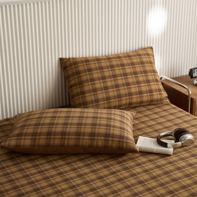 Drap-housse/couvre-lit classique vintage en coton à carreaux - Jaune - 2 taies d'oreiller - 48 cm x 74 cm - image 3
