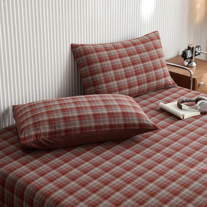 Drap-housse/couvre-lit classique vintage en coton à carreaux - Rouge - 2 taies d'oreiller - 48 cm x 74 cm - image 5