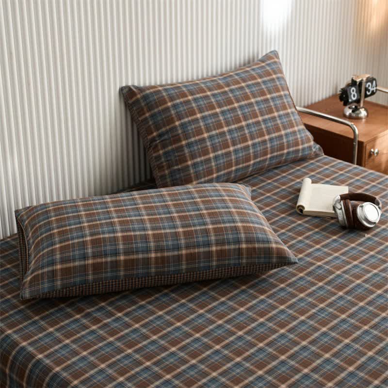 Drap-housse/couvre-lit classique vintage en coton à carreaux - Bleu - 2 taies d'oreiller - 48 cm x 74 cm - image 1