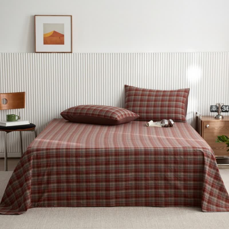 Drap-housse/couvre-lit classique vintage en coton à carreaux - Rouge - Couvre-lit avec 2 taies d'oreiller - 245 cm x 270 cm - image 4