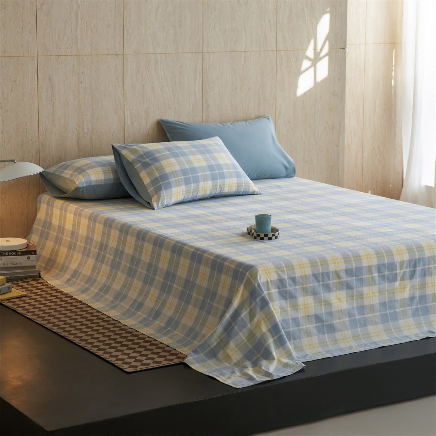 Drap-housse à carreaux vichy frais en pur coton - Bleu - 2 taies d'oreiller - 48 cm x 74 cm - image 0