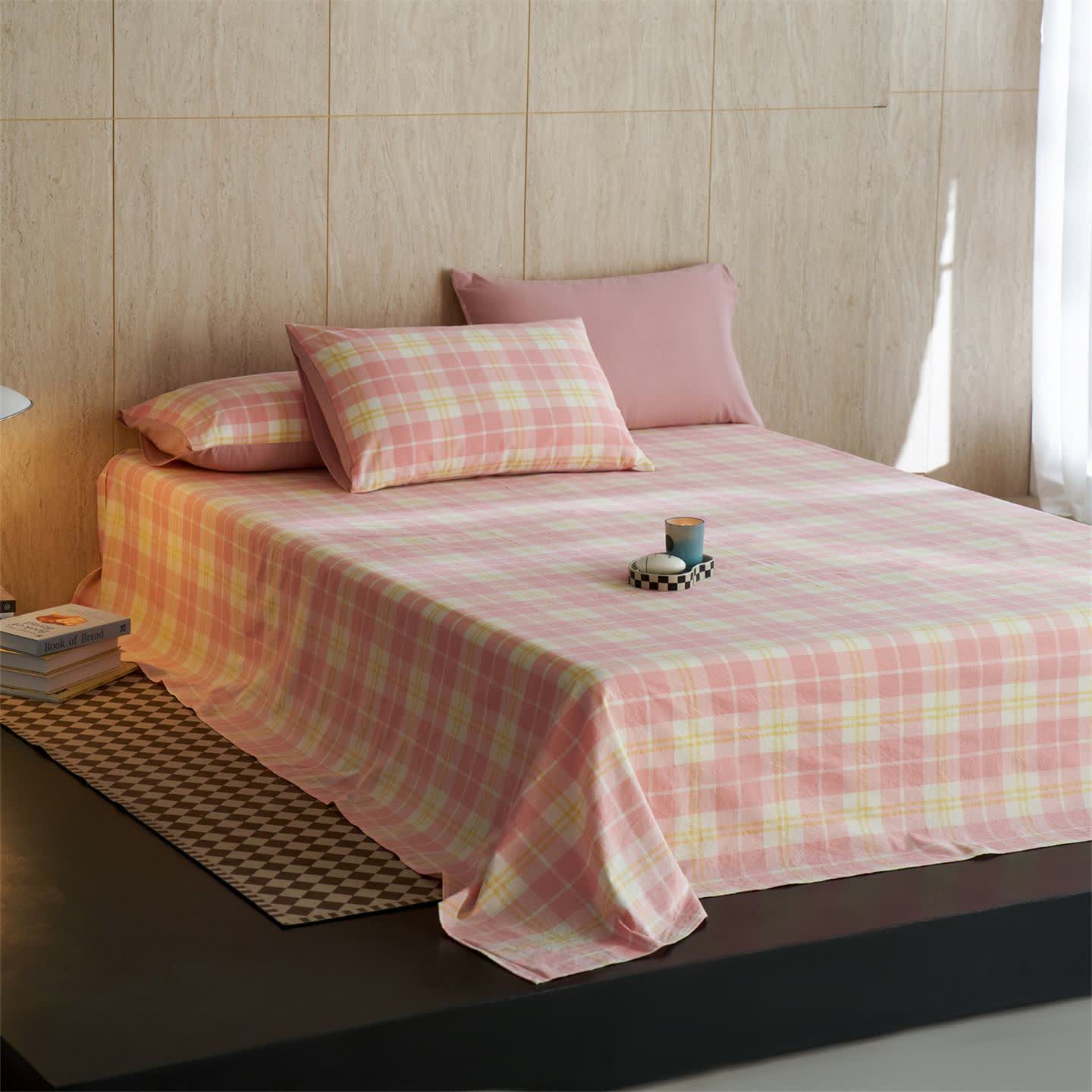 Drap-housse à carreaux vichy frais en pur coton - Rose - 2 taies d'oreiller - 48 cm x 74 cm - image 1
