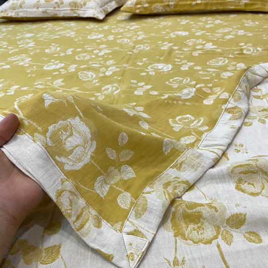 Drap-housse réversible en coton à motif de roses jaunes - Couvre-lit avec 2 taies d'oreiller - 270 cm x 245 cm - image 0