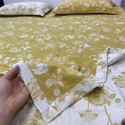 Drap-housse réversible en coton à motif de roses jaunes - image 2
